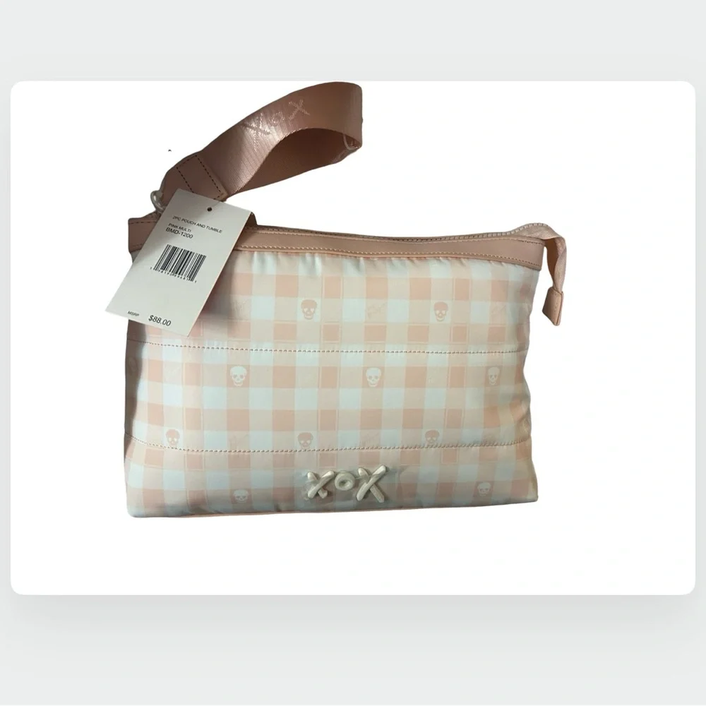 BETSEY JOHNSON PEACH & WHITE CHECKERED SKULL LUNCH BAG & SKULL TUMBLER SET NWT - Picture 8 of 12